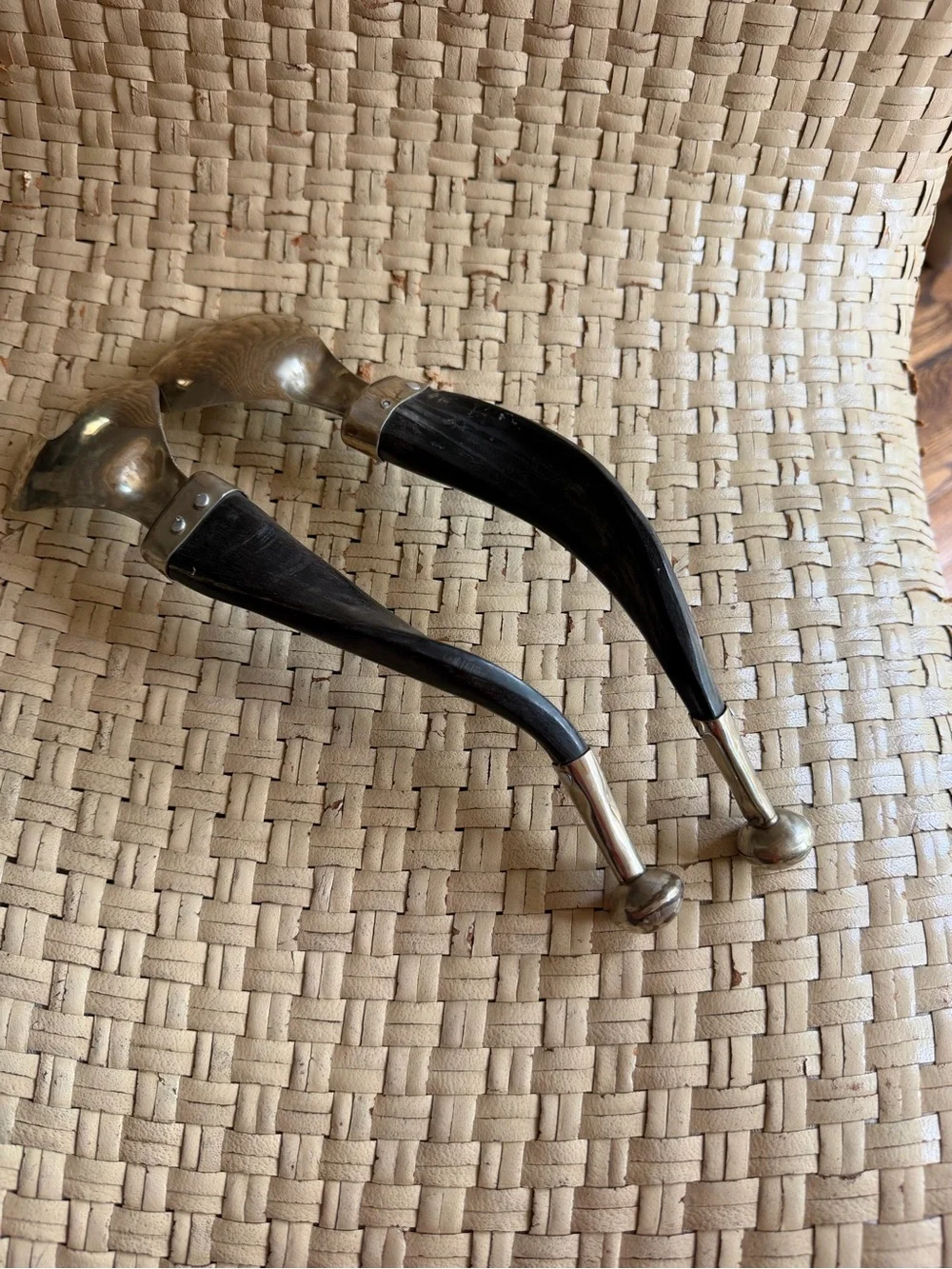 Unique Horn Handle Salad Serving Set - Black & Silver VTG
